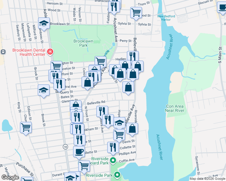 map of restaurants, bars, coffee shops, grocery stores, and more near 73 Bates Street in New Bedford