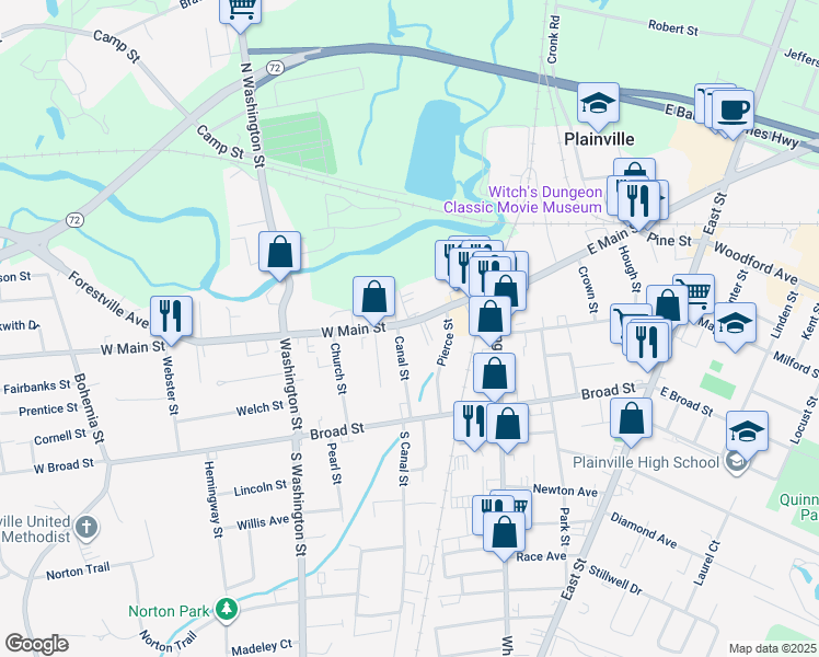 map of restaurants, bars, coffee shops, grocery stores, and more near 7R Canal Street in Plainville