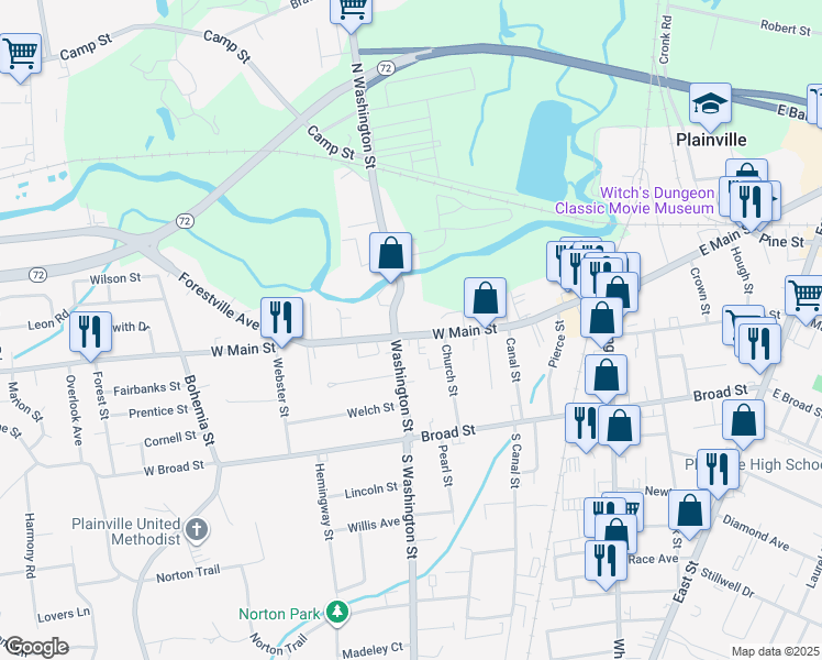 map of restaurants, bars, coffee shops, grocery stores, and more near 137 1/2 West Main Street in Plainville