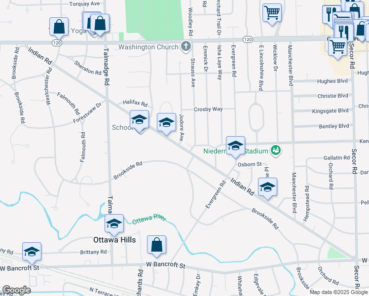 map of restaurants, bars, coffee shops, grocery stores, and more near 3915 Indian Road in Toledo