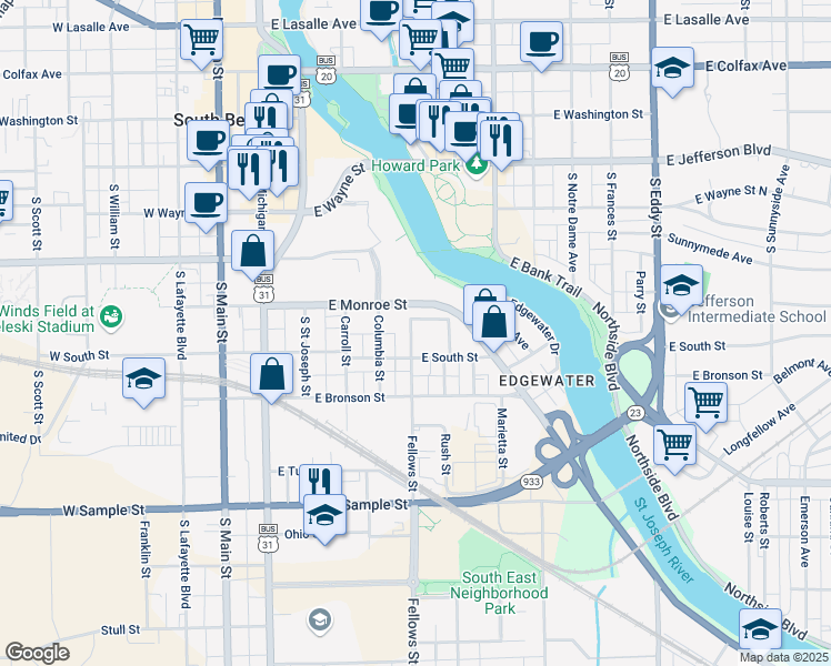 map of restaurants, bars, coffee shops, grocery stores, and more near 512 Monroe Street in South Bend