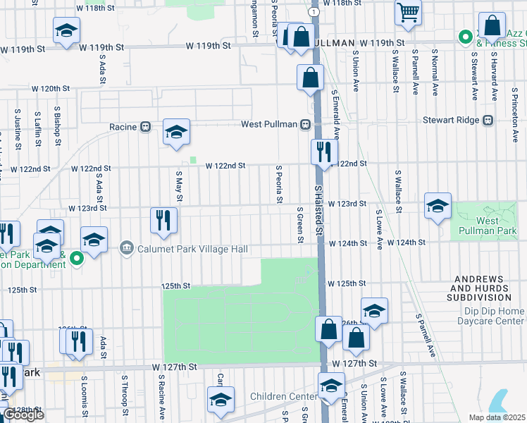 map of restaurants, bars, coffee shops, grocery stores, and more near 12311 South Sangamon Street in Calumet Park
