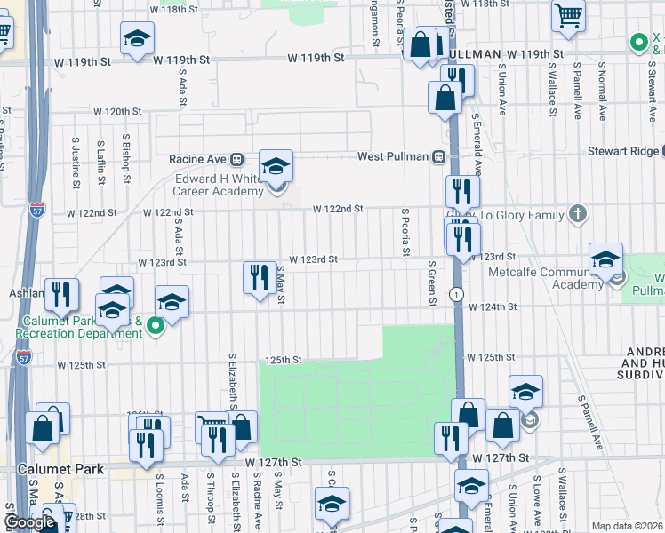 map of restaurants, bars, coffee shops, grocery stores, and more near 12312 Carpenter Street in Calumet Park