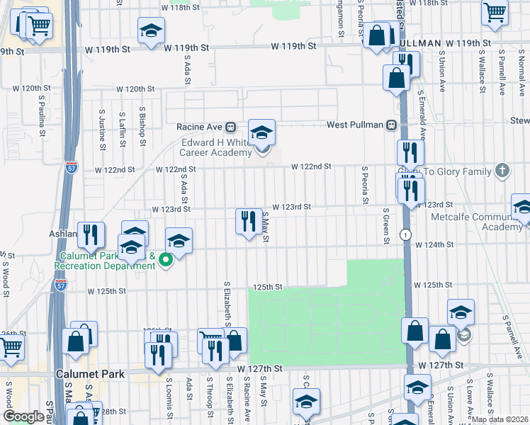 map of restaurants, bars, coffee shops, grocery stores, and more near 12314 South Aberdeen Street in Calumet Park