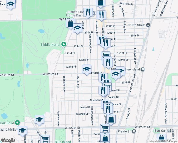 map of restaurants, bars, coffee shops, grocery stores, and more near 12257 Ann Street in Blue Island