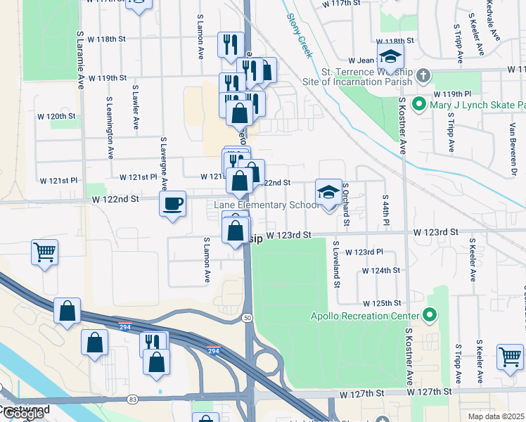map of restaurants, bars, coffee shops, grocery stores, and more near 12240 South Spencer Street in Alsip