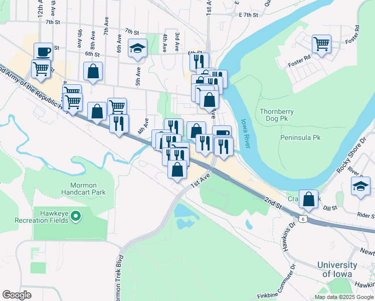 map of restaurants, bars, coffee shops, grocery stores, and more near 205 2nd Street in Coralville
