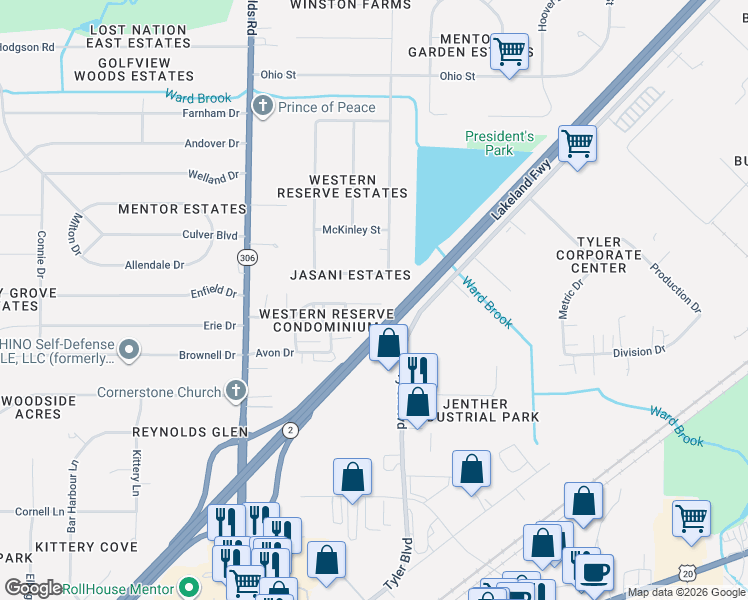 map of restaurants, bars, coffee shops, grocery stores, and more near 7486 Essex Drive in Mentor
