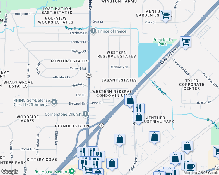 map of restaurants, bars, coffee shops, grocery stores, and more near 7397 Yorktown Court in Mentor