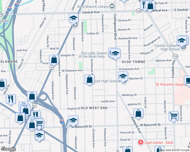 map of restaurants, bars, coffee shops, grocery stores, and more near 2464 Scottwood Avenue in Toledo