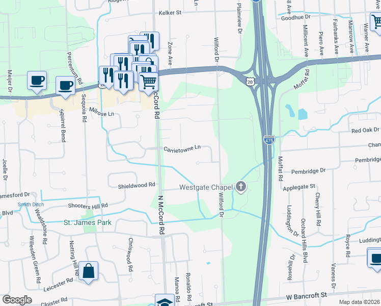 map of restaurants, bars, coffee shops, grocery stores, and more near 6554 Carrietowne Court in Toledo