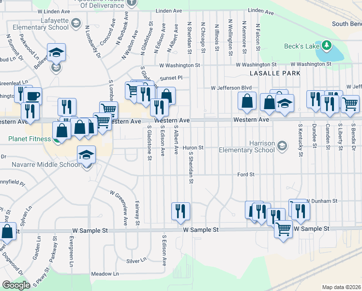 map of restaurants, bars, coffee shops, grocery stores, and more near 4018 Huron Street in South Bend