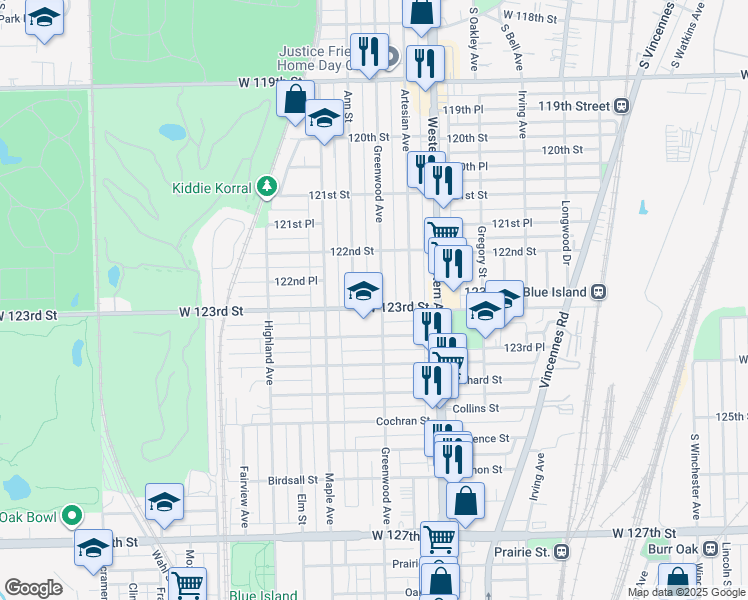 map of restaurants, bars, coffee shops, grocery stores, and more near 12257 Ann Street in Blue Island