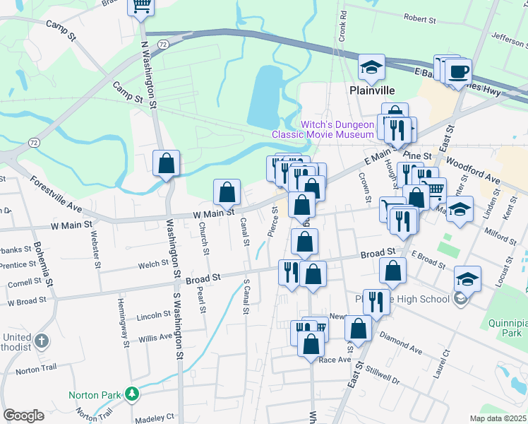 map of restaurants, bars, coffee shops, grocery stores, and more near 88 West Main Street in Plainville