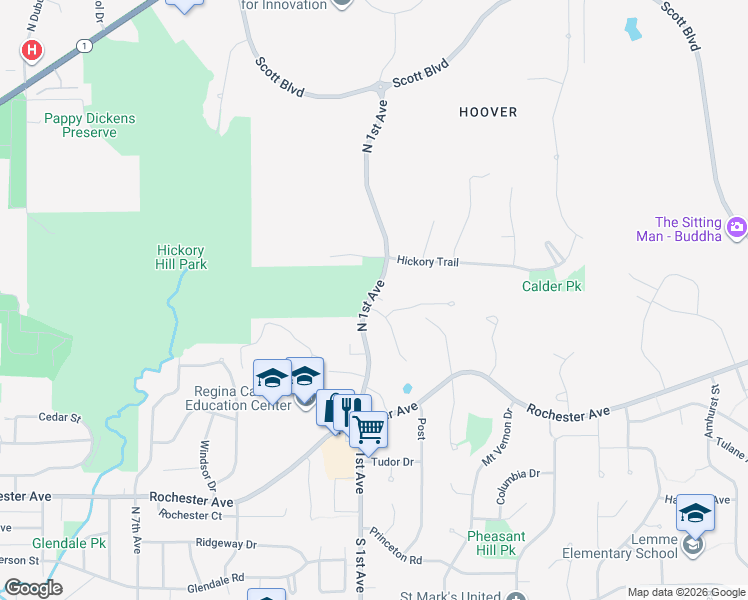 map of restaurants, bars, coffee shops, grocery stores, and more near 9 North 1st Avenue in Iowa City