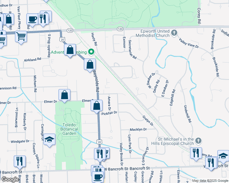 map of restaurants, bars, coffee shops, grocery stores, and more near 5204 Regency Drive in Toledo