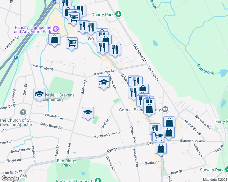 map of restaurants, bars, coffee shops, grocery stores, and more near 50 Chapin Avenue in Rocky Hill