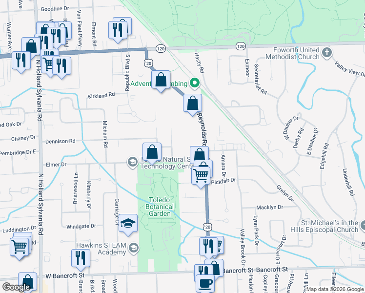 map of restaurants, bars, coffee shops, grocery stores, and more near 2704 Westmar Court in Toledo