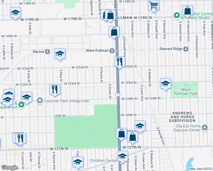 map of restaurants, bars, coffee shops, grocery stores, and more near 12313 South Peoria Street in Calumet Park