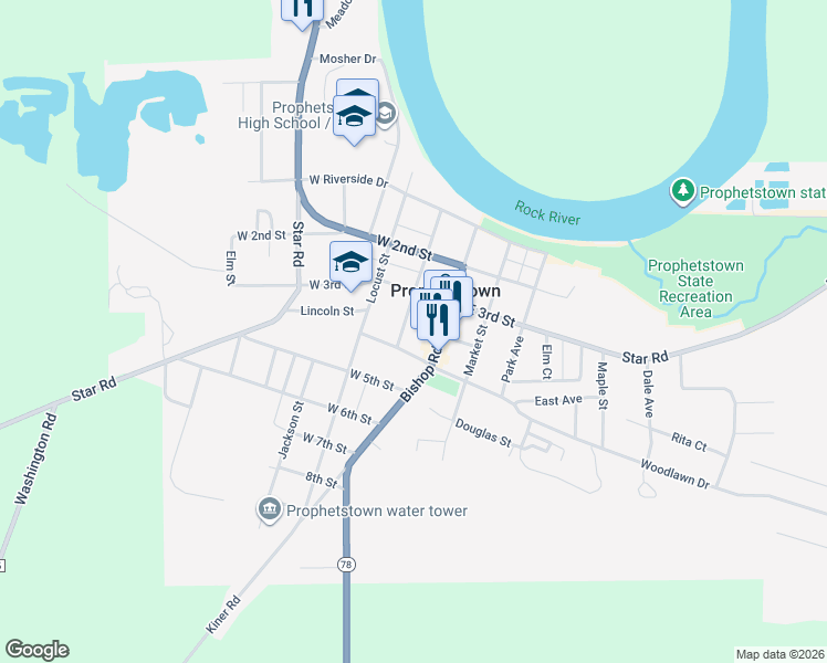 map of restaurants, bars, coffee shops, grocery stores, and more near in Prophetstown