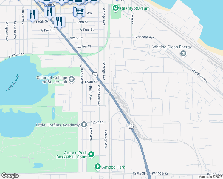 map of restaurants, bars, coffee shops, grocery stores, and more near 2447 Indianapolis Boulevard in Whiting