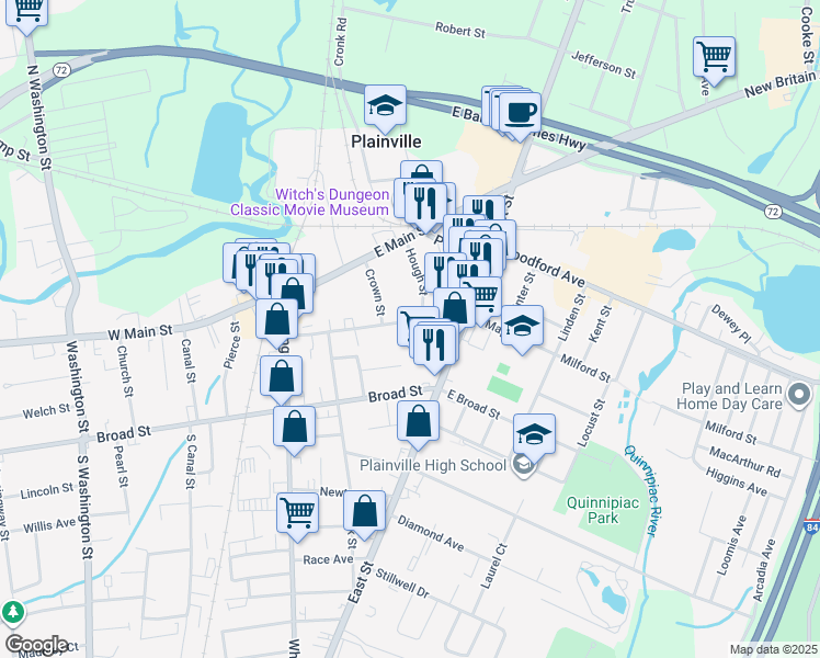 map of restaurants, bars, coffee shops, grocery stores, and more near 22 East Maple Street in Plainville