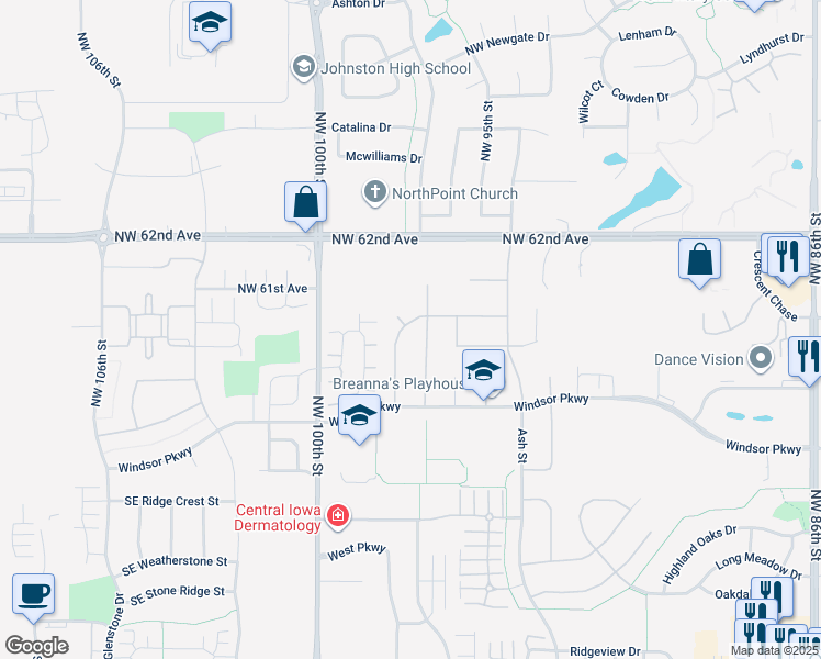 map of restaurants, bars, coffee shops, grocery stores, and more near 6017 Northwest 98th Street in Johnston