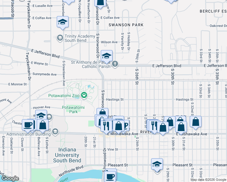 map of restaurants, bars, coffee shops, grocery stores, and more near 618 South 23rd Street in South Bend