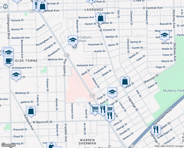 map of restaurants, bars, coffee shops, grocery stores, and more near 2402 Walnut Street in Toledo