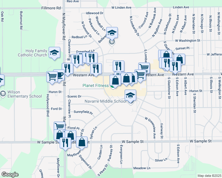 map of restaurants, bars, coffee shops, grocery stores, and more near 505 South Summit Drive in South Bend