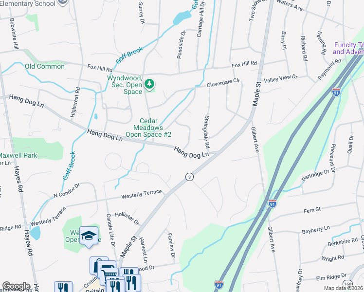 map of restaurants, bars, coffee shops, grocery stores, and more near 72 Cross Hill Road in Wethersfield