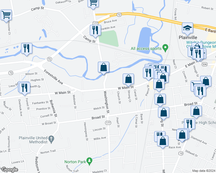 map of restaurants, bars, coffee shops, grocery stores, and more near 141 West Main Street in Plainville