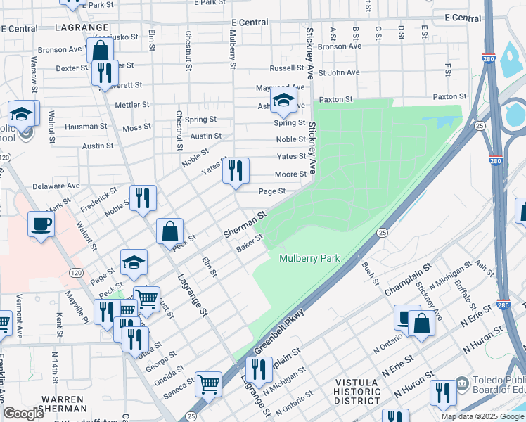 map of restaurants, bars, coffee shops, grocery stores, and more near 1327 Sherman Street in Toledo