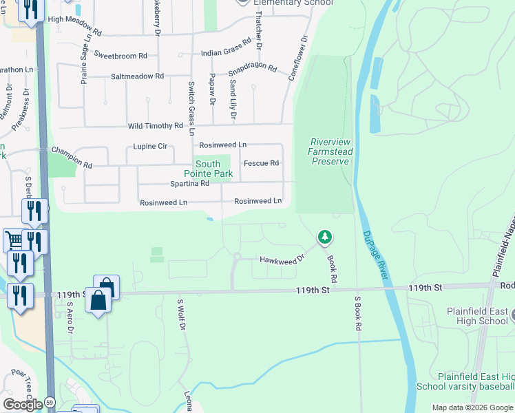 map of restaurants, bars, coffee shops, grocery stores, and more near 5727 Rosinweed Lane in Naperville