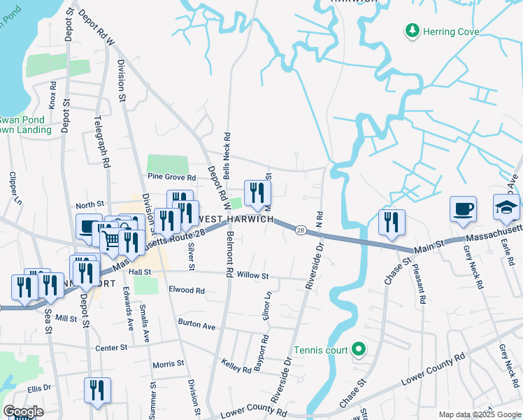 map of restaurants, bars, coffee shops, grocery stores, and more near 71 Main Street in Harwich