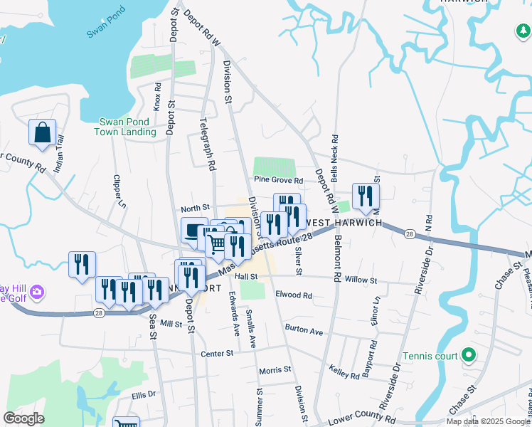 map of restaurants, bars, coffee shops, grocery stores, and more near 141 Division Street in Harwich