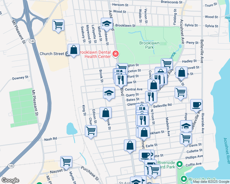 map of restaurants, bars, coffee shops, grocery stores, and more near 237 Query Street in New Bedford