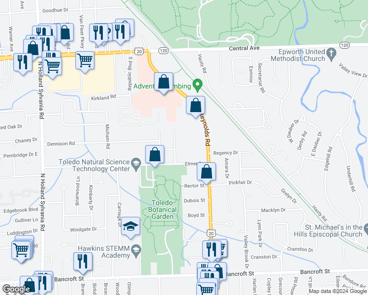 map of restaurants, bars, coffee shops, grocery stores, and more near 2704 Westmar Court in Toledo
