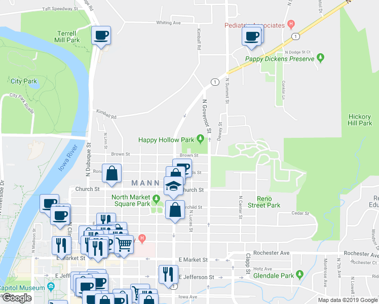 map of restaurants, bars, coffee shops, grocery stores, and more near 801 Brown Street in Iowa City