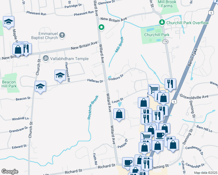 map of restaurants, bars, coffee shops, grocery stores, and more near 1512 Willard Avenue in Newington