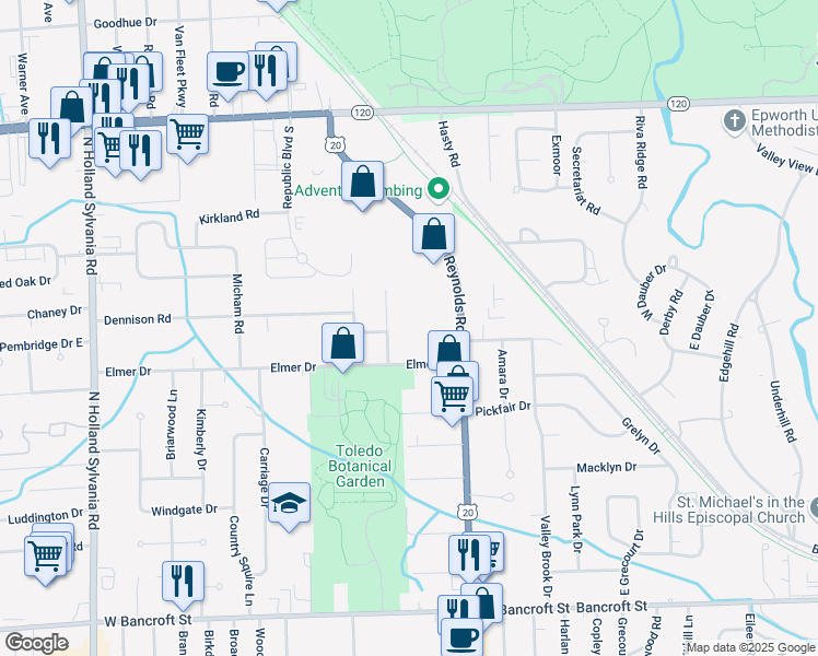 map of restaurants, bars, coffee shops, grocery stores, and more near 2704 Westmar Court in Toledo