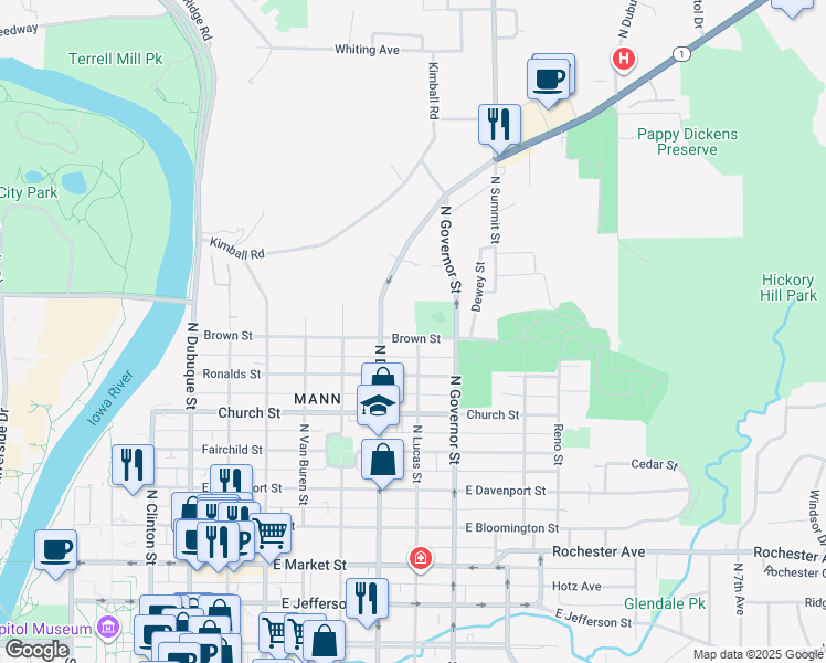 map of restaurants, bars, coffee shops, grocery stores, and more near 801 Brown Street in Iowa City