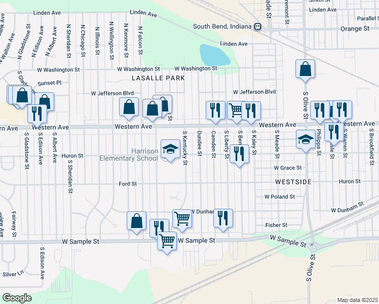 map of restaurants, bars, coffee shops, grocery stores, and more near 456 South Kentucky Street in South Bend