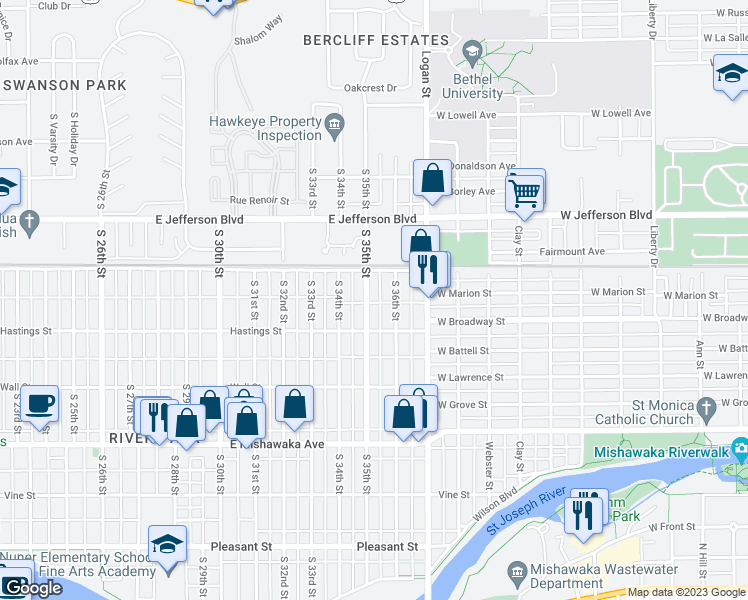 map of restaurants, bars, coffee shops, grocery stores, and more near 532 South 35th Street in South Bend