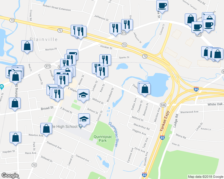 map of restaurants, bars, coffee shops, grocery stores, and more near 19 Woodland Street in Plainville