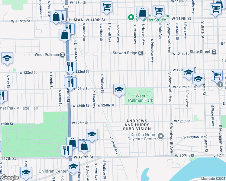 map of restaurants, bars, coffee shops, grocery stores, and more near 12318 South Parnell Avenue in Chicago