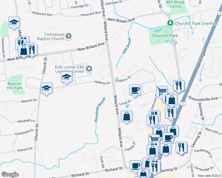 map of restaurants, bars, coffee shops, grocery stores, and more near 1537 Willard Avenue in Newington