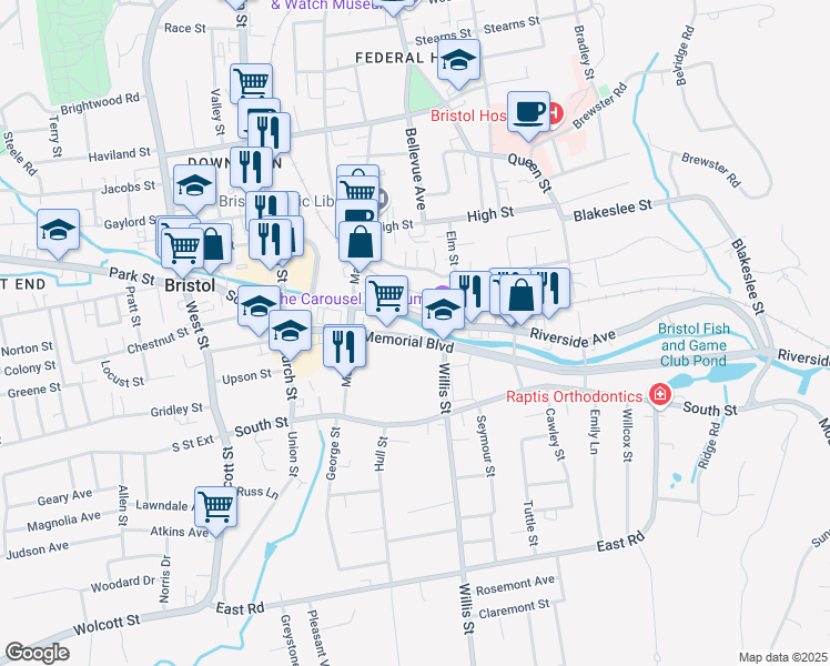 map of restaurants, bars, coffee shops, grocery stores, and more near 65 Memorial Boulevard in Bristol