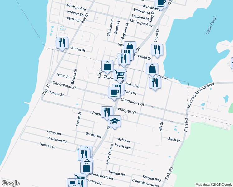 map of restaurants, bars, coffee shops, grocery stores, and more near 106 Main Road in Tiverton