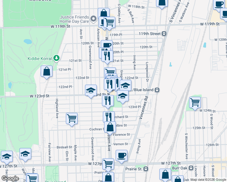 map of restaurants, bars, coffee shops, grocery stores, and more near 2338 West 123rd Street in Blue Island